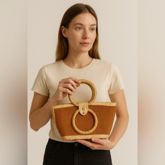 Handbags - Rattan Women's Handwoven Natural Beige Straw Bag Medium Size